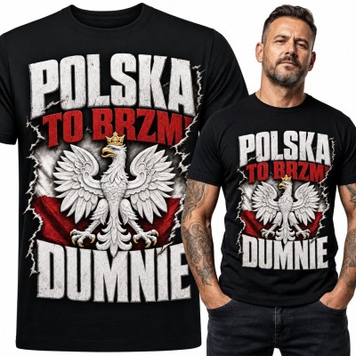 Koszulka męska „Polska to brzmi dumnie” - orzeł biały w koronie na tle flagi
