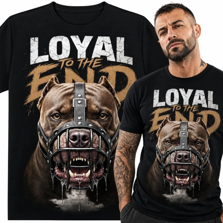 Koszulka męska „Loyal to the End” - pitbull w kagańcu dla miłośnika psów