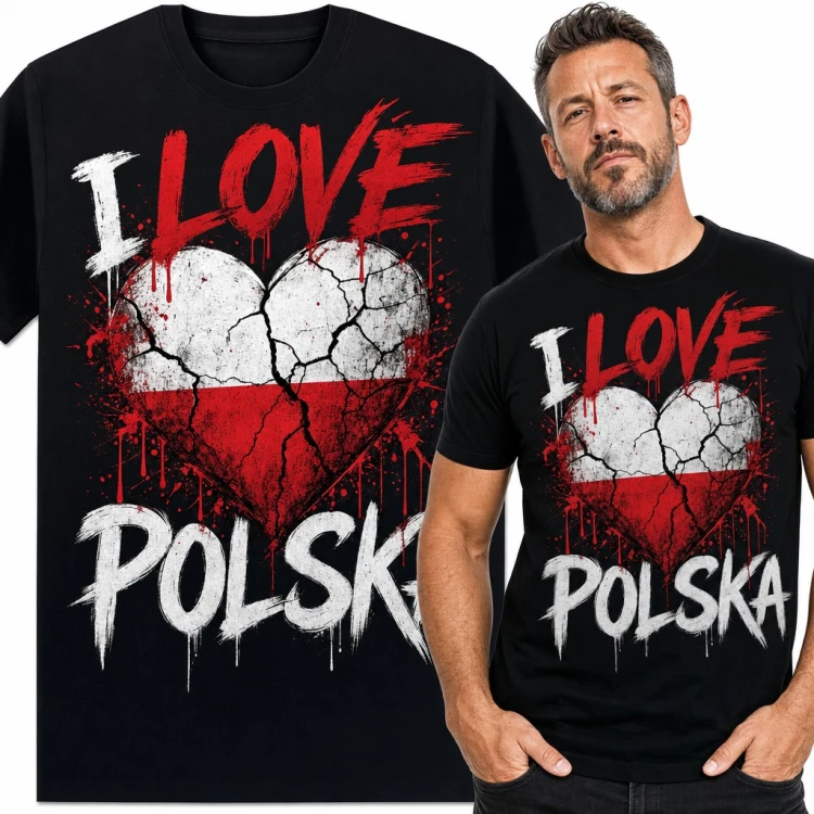 Koszulka męska „I Love Polska” - pękające serce w barwach flagi dla patrioty
