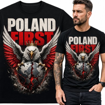 Koszulka męska „Poland First” - orzeł w koronie na pękniętej kuli ziemskiej