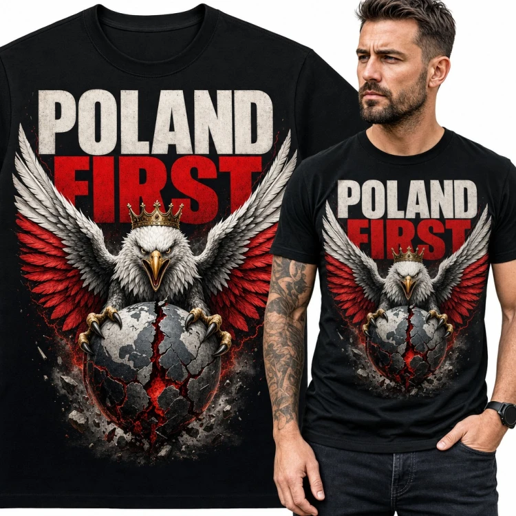 Koszulka męska „Poland First” - orzeł w koronie na pękniętej kuli ziemskiej