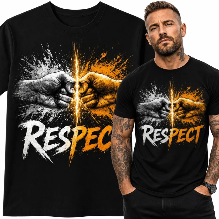 Koszulka męska „Respect” - zderzające się pięści w bieli i pomarańczu
