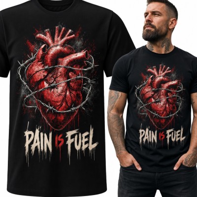 Koszulka męska anatomiczne serce w drucie kolczastym „Pain is fuel”