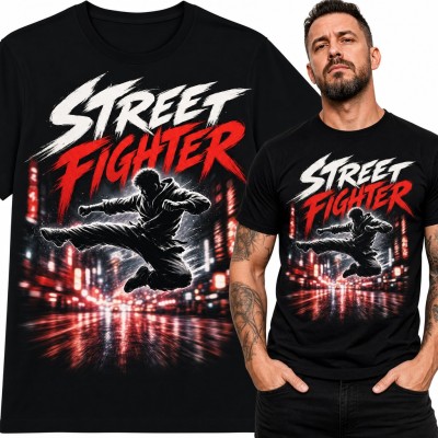 Koszulka męska „Street Fighter” - wojownik w kopnięciu z wyskoku na neonowej ulicy