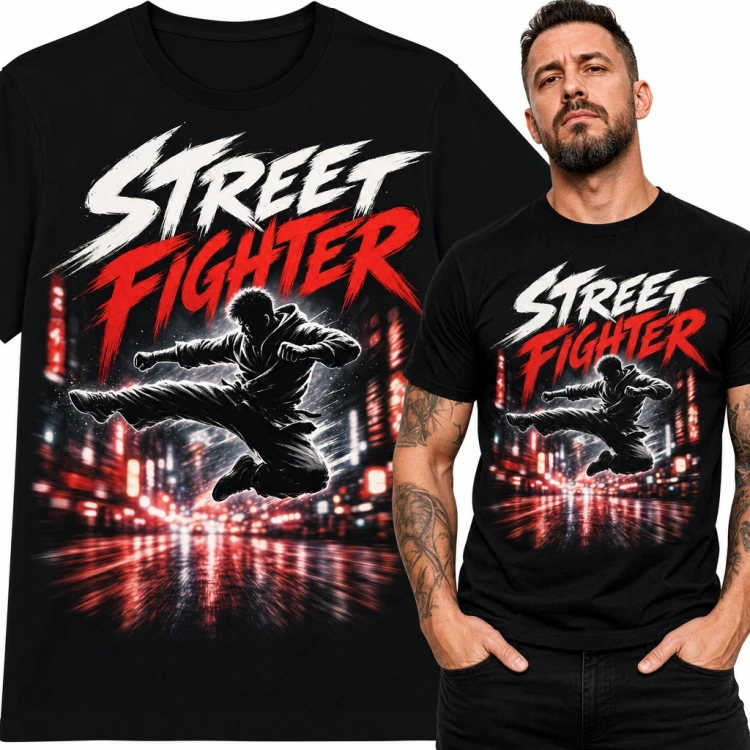 Koszulka męska „Street Fighter” - wojownik w kopnięciu z wyskoku na neonowej ulicy