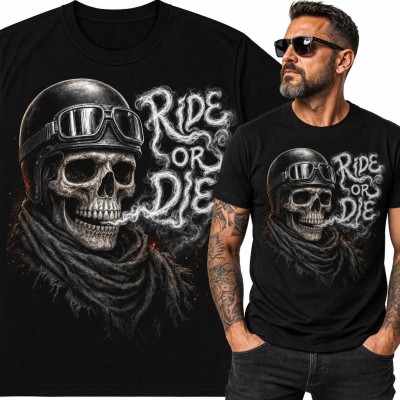 Koszulka męska z czaszką motocyklisty w kasku i napisem „Ride or Die”