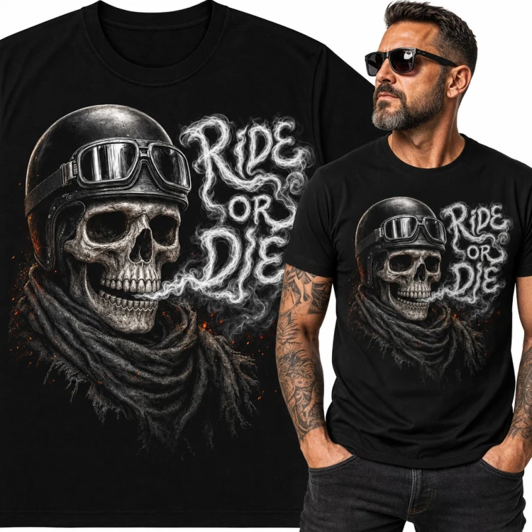 Koszulka męska z czaszką motocyklisty w kasku i napisem „Ride or Die”