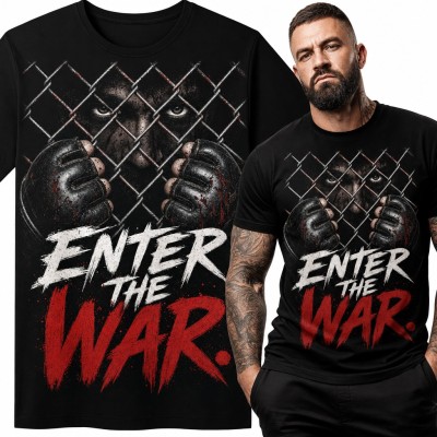 Koszulka męska MMA z zawodnikiem za siatką klatki „Enter the war.”