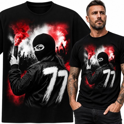 Koszulka męska kibicka w kominiarce z czerwoną racą - dla kibica ultras