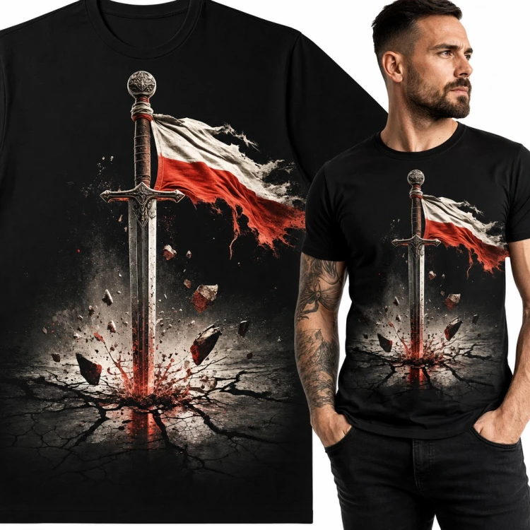 Koszulka męska z mieczem wbitym w ziemię i biało-czerwoną flagą dla patrioty