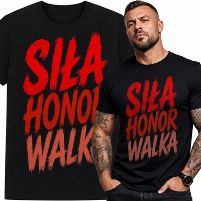 Koszulka męska „Siła honor walka” - czerwony napis dla fana sportów walki