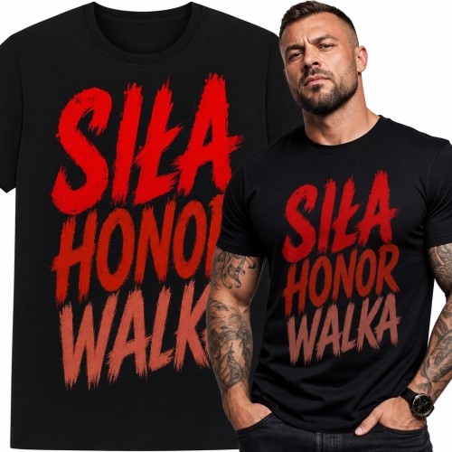 Koszulka męska „Siła honor walka” - czerwony napis dla fana sportów walki