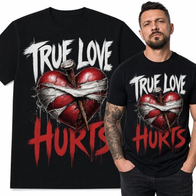Koszulka męska „True Love Hurts” - pęknięte serce przebite gwoździem