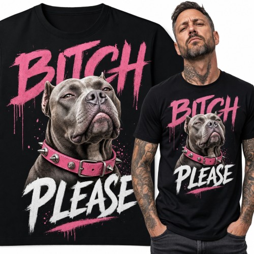 Koszulka męska „Bitch Please” - pitbull w różowej obroży z kolcami