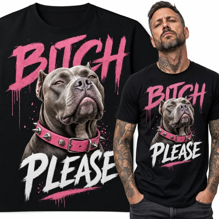 Koszulka męska „Bitch Please” - pitbull w różowej obroży z kolcami