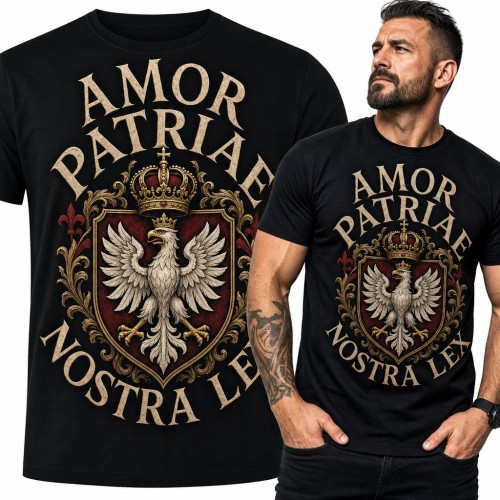 Koszulka męska „Amor Patriae Nostra Lex” - orzeł w koronie na tarczy herbowej