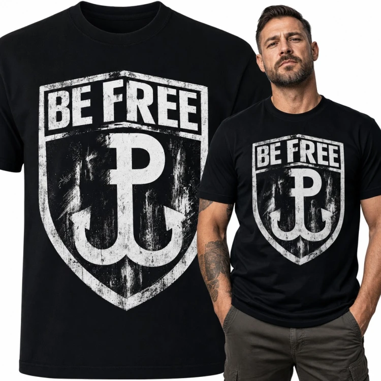 Koszulka męska „Be Free” - kotwica Polski Walczącej na tarczy