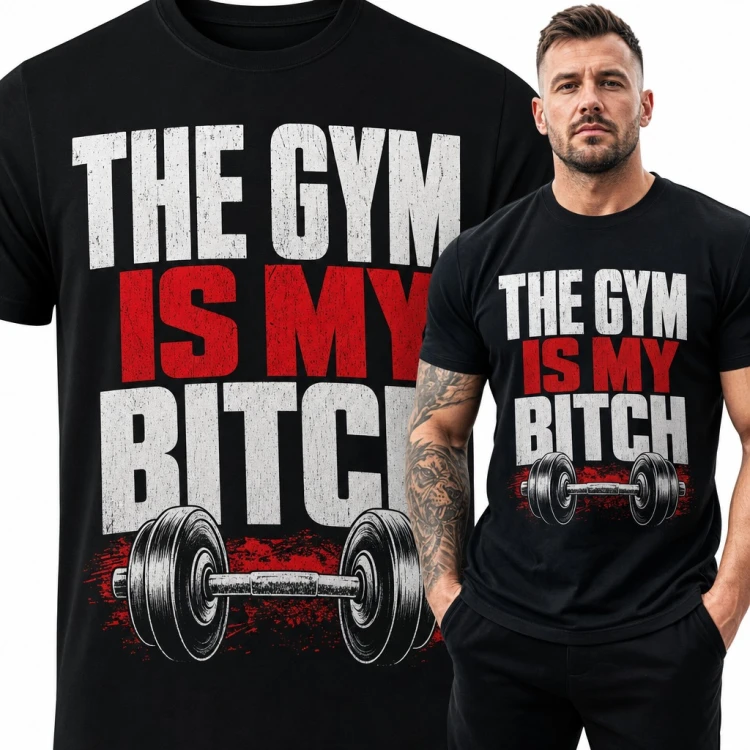 Koszulka męska dla kulturysty „The Gym Is My Bitch” z obciążoną sztangą