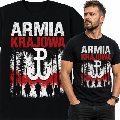 Koszulka męska „Armia Krajowa” - znak Polski Walczącej i żołnierze w lesie
