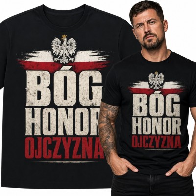 Koszulka męska „Bóg honor ojczyzna” z orłem i biało-czerwoną flagą