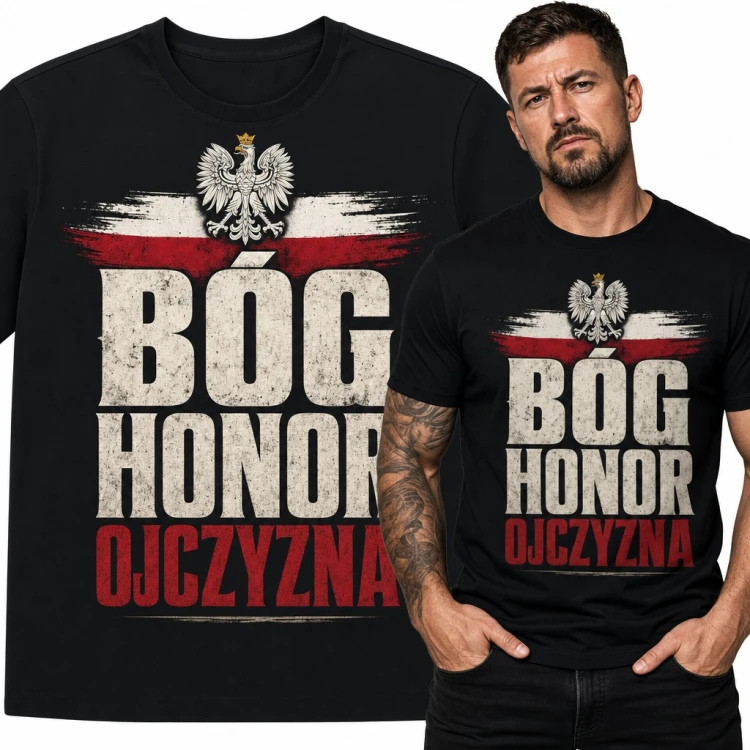 Koszulka męska „Bóg honor ojczyzna” z orłem i biało-czerwoną flagą