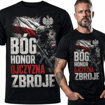 Koszulka męska patriotyczna z żołnierzem i orłem „Bóg Honor Ojczyzna Zbroje”
