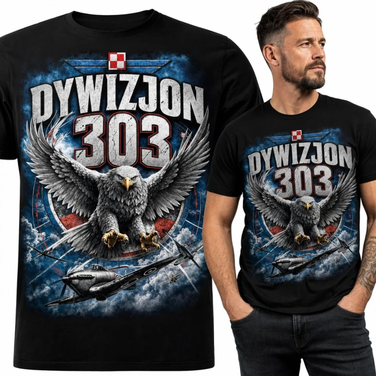 Koszulka męska „Dywizjon 303” - orzeł i myśliwce Spitfire