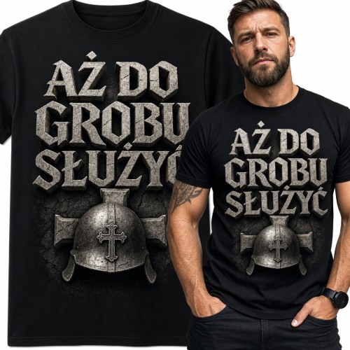 Koszulka męska „Aż do grobu służyć” - rycerski hełm z krzyżem