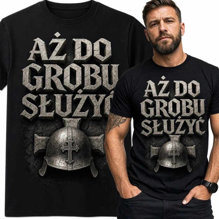 Koszulka męska „Aż do grobu służyć” - rycerski hełm z krzyżem