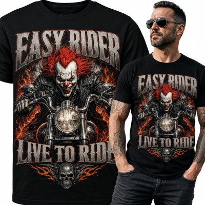 Koszulka męska „Easy Rider Live to Ride” - klaun na chopperze dla motocyklisty