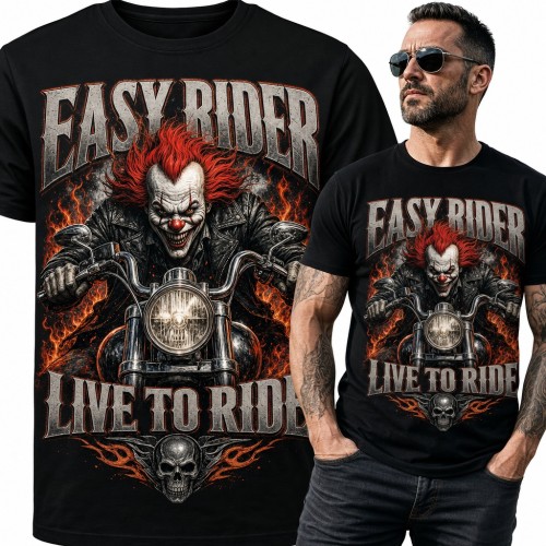 Koszulka męska „Easy Rider Live to Ride” - klaun na chopperze dla motocyklisty