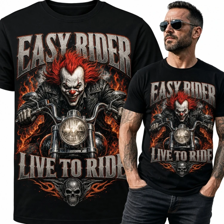 Koszulka męska „Easy Rider Live to Ride” - klaun na chopperze dla motocyklisty