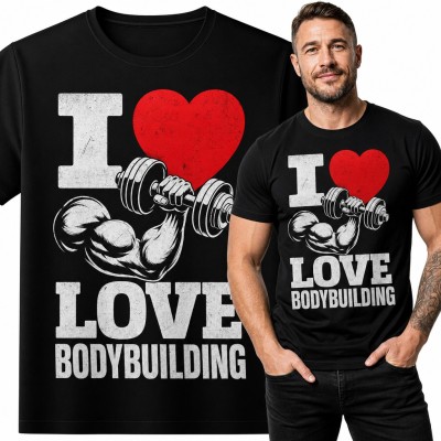 Koszulka męska „I Love Bodybuilding” z bicepsem i hantlą dla kulturysty