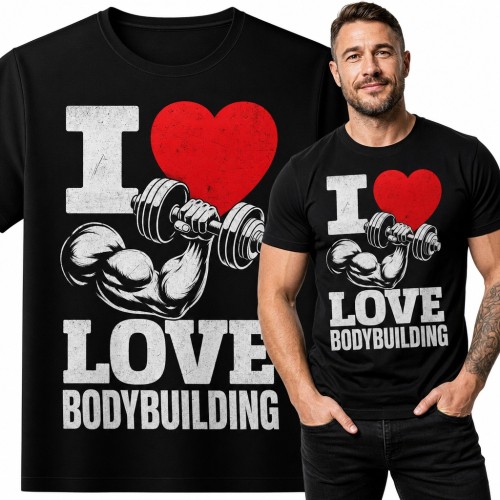 Koszulka męska „I Love Bodybuilding” z bicepsem i hantlą dla kulturysty