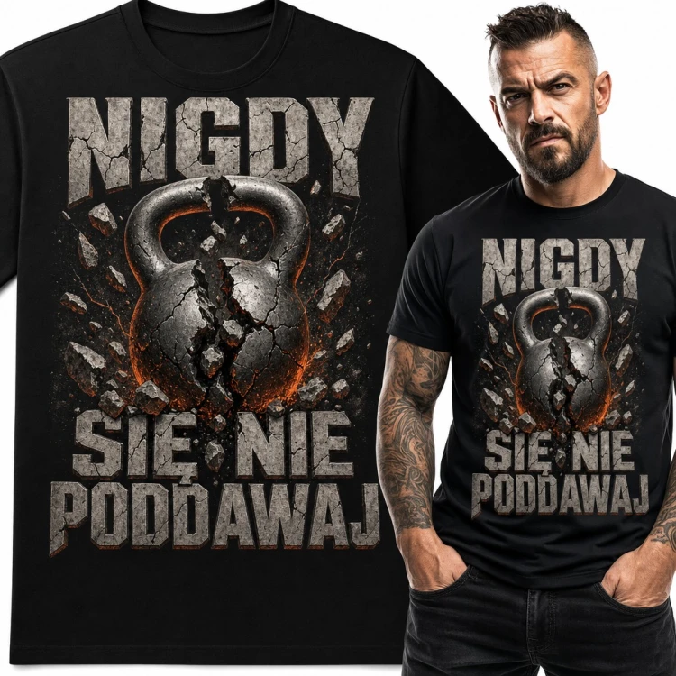 Koszulka męska kettlebell „Nigdy się nie poddawaj” - motywacja na siłownię