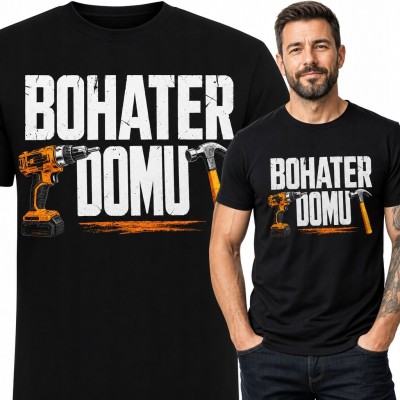 Koszulka męska dla majsterkowicza „Bohater domu” - wiertarko-wkrętarka i młotek
