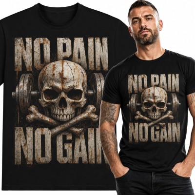 Koszulka męska „No Pain No Gain” - czaszka ze sztangą dla kulturysty
