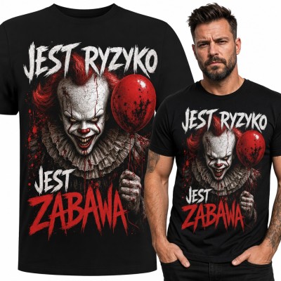 Koszulka męska „Jest ryzyko jest zabawa” - klaun z czerwonym balonem dla fana horroru