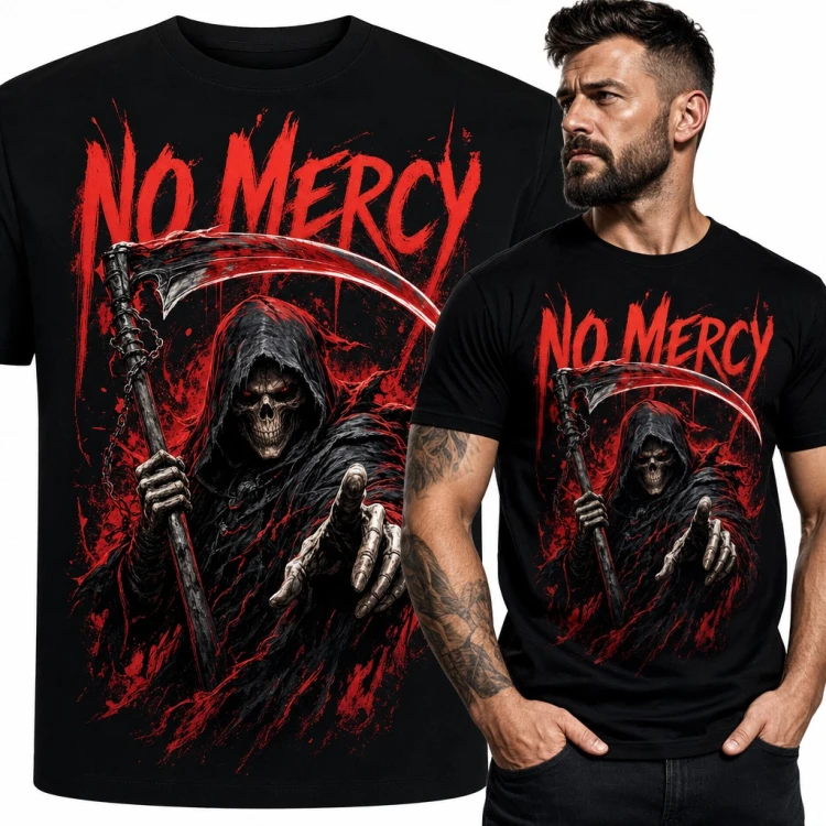 Koszulka męska „No Mercy” - ponury żniwiarz z kosą i czerwonymi oczami