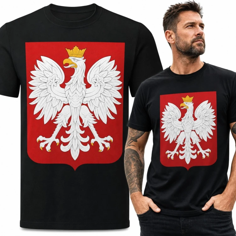 Koszulka męska z godłem Polski - orzeł biały w koronie na czerwonej tarczy
