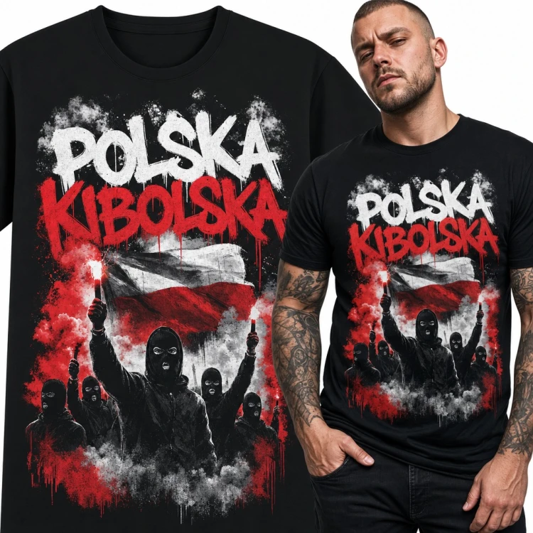 Koszulka męska „Polska kibolska” - kibice z racami i flagą Polski