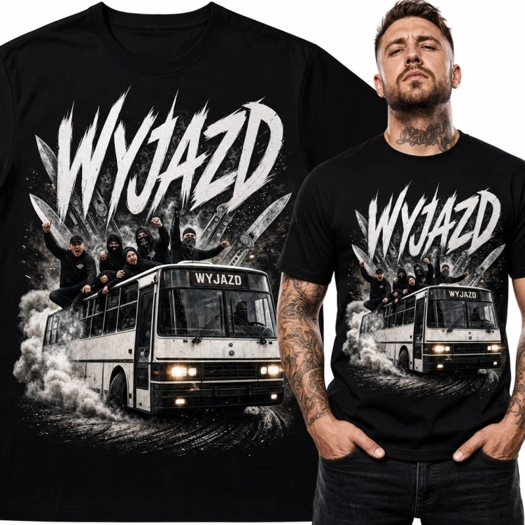 Koszulka męska „Wyjazd” - kibice na dachu autobusu