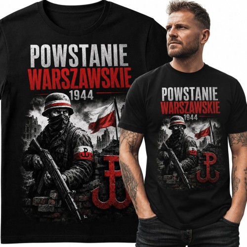 Koszulka męska „Powstanie Warszawskie 1944” - powstaniec i znak Polski Walczącej