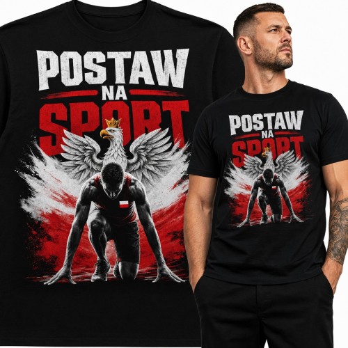 Koszulka męska „Postaw na sport” - biegacz na starcie i orzeł w koronie