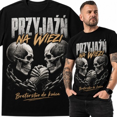 Koszulka męska „Przyjaźń na wiezi” - czaszki w uścisku dłoni i łańcuchy