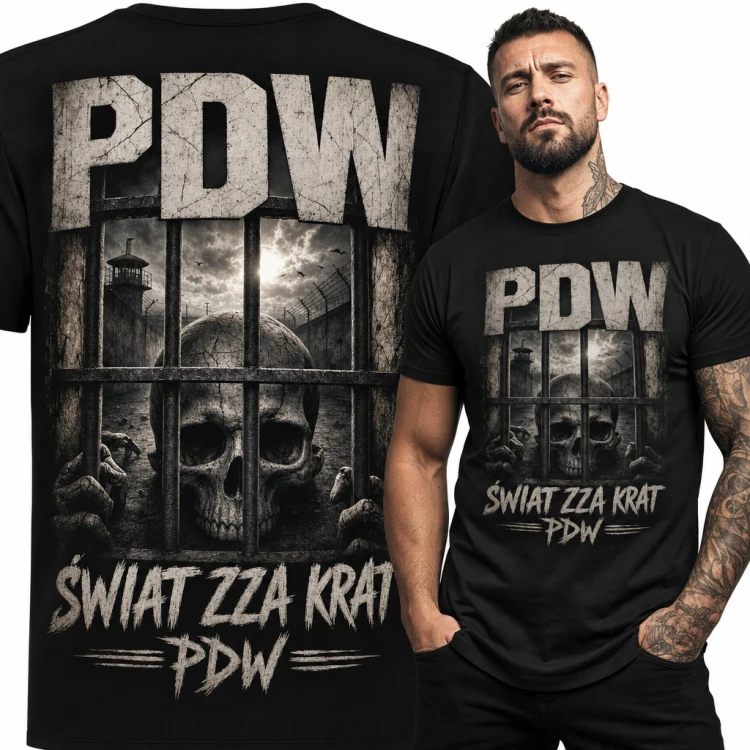 Koszulka męska „PDW” - czaszka za więziennymi kratami i napis Świat zza krat