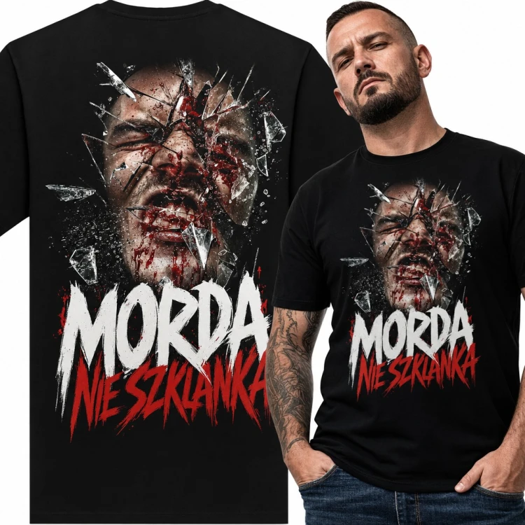 Koszulka męska „Morda nie szklanka” - twarz pękająca jak rozbite szkło