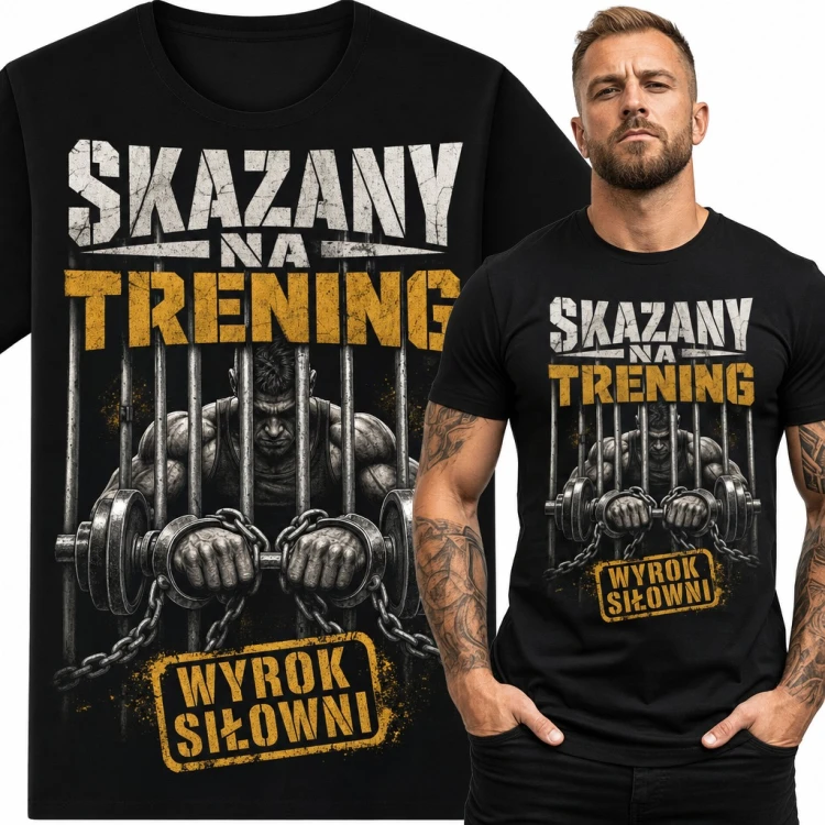 Koszulka męska „Skazany na trening” - kulturysta za kratami ze sztangą dla bywalca siłowni