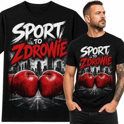 Koszulka męska „Sport to zdrowie” - czerwone rękawice bokserskie na tle miasta