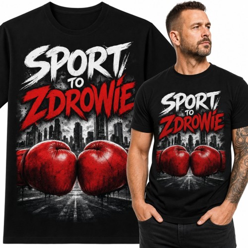 Koszulka męska „Sport to zdrowie” - czerwone rękawice bokserskie na tle miasta